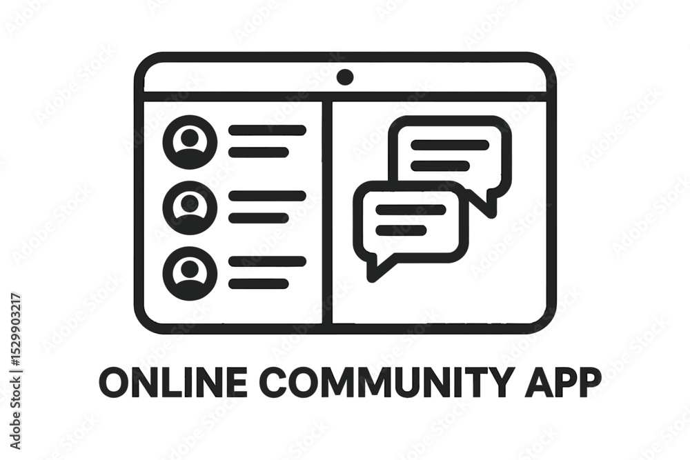 Poster online community app interface with chat and profile icons on digital screen