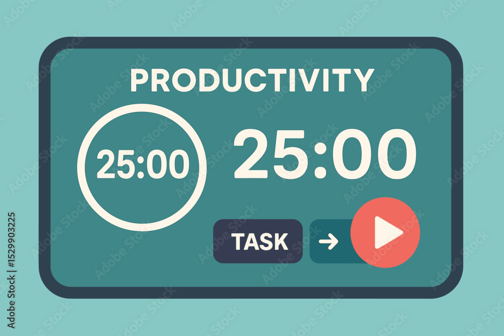 Poster productivity timer interface displaying 25-minute countdown session