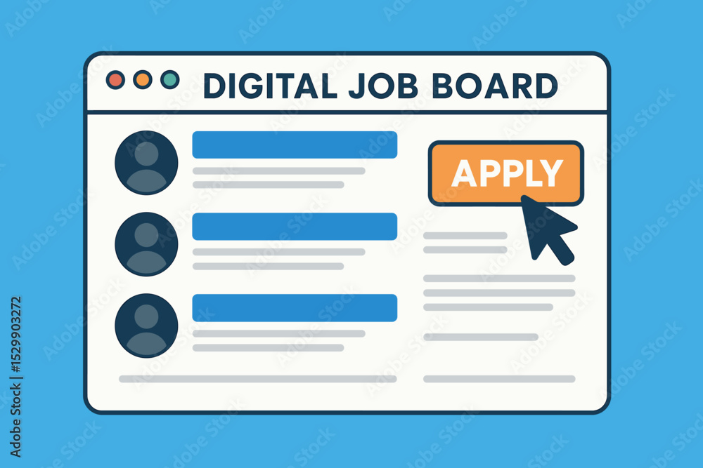 Poster digital job board interface with apply button on blue background