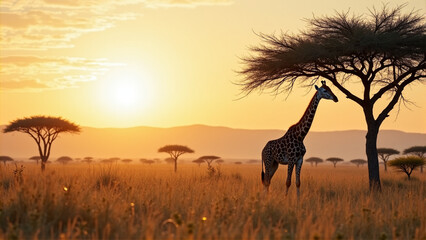Giraffe standing near acacia tree at sunset in savanna landscape  