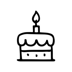 Vector illustration of a doodle birthday cake with a candle, perfect for party invitations, greeting cards, and celebration designs. Simple, minimalist style for versatile use.