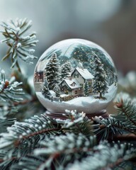 A whimsical photograph of a snowglobe nestled among pine branches, its glass sphere capturing a miniature winter wonderland with tiny snow-covered cottages and frosted trees, illuminated by soft