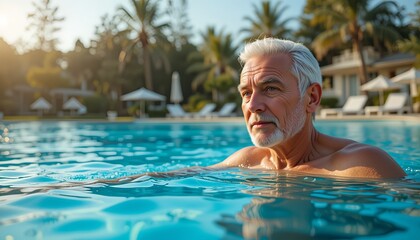 Fototapeta premium Old man swimming calmly in a clear resort pool filled with morning sunlight