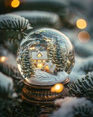 A whimsical photograph of a snowglobe nestled among pine branches, its glass sphere capturing a miniature winter wonderland with tiny snow-covered cottages and frosted trees, illuminated by soft