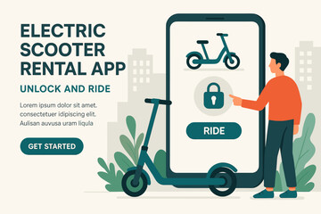 Electric scooter rental app interface with young caucasian male