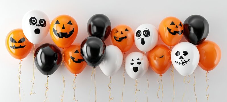 The colorful Halloween balloons decorated with spooky faces and cheerful expressions.