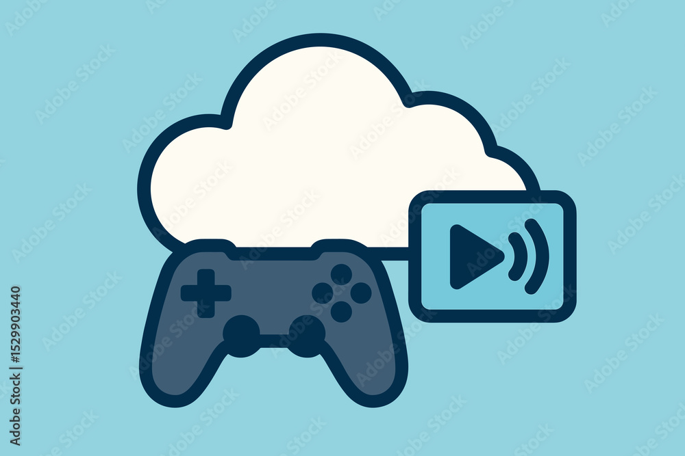 Poster cloud gaming icon with game controller and streaming symbol on blue background