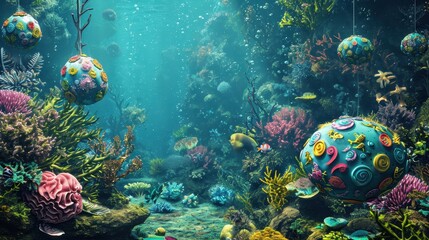 A whimsical scene featuring underwater divers collecting eggs adorned with aquatic motifs in a vibrant, coral-filled ocean. The image combines a sense of wonder with a touch of fantasy