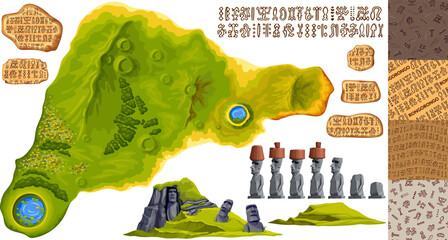 Moai on Easter island or Rapa Nui top view. Isolated vector cartoon stone statues on mountain. Set signboards Rongorongo, pattern, undeciphered captions ancient peoples.