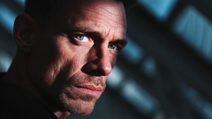 Moody Portrait of a Man in Dramatic Lighting with Intent Gaze