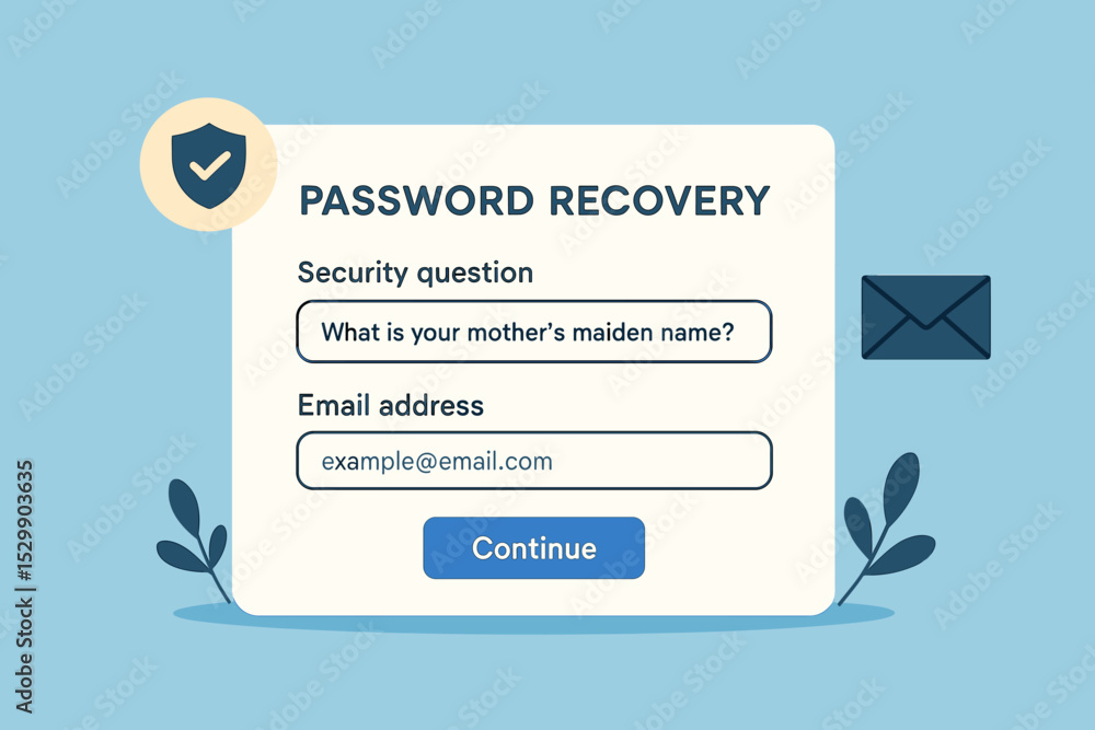 Poster password recovery interface with security question and email entry on blue background