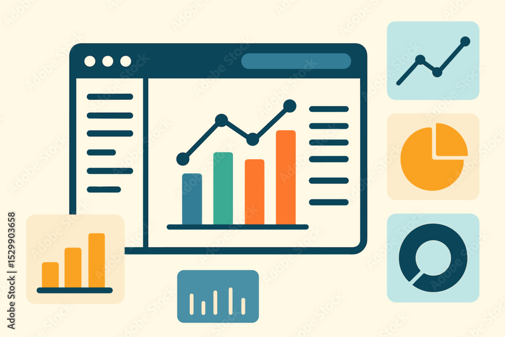 Poster colorful data analytics dashboard with bar and line graphs
