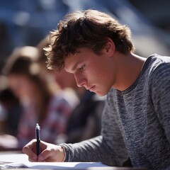 Teen Focused on Writing Outdoors on a Sunny Day with Peers Nearby