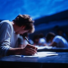 Young Adult Man Writing Outdoors on a Sunny Day in a Casual Setting