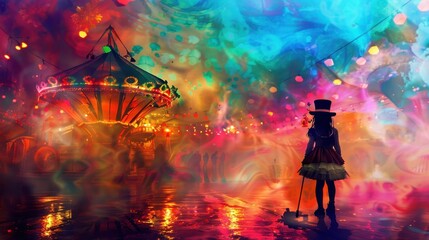 A whimsical scene of a little girl dressed as a circus performer, complete with a top hat and cane, standing in front of a vibrant circus tent. The colors are bright and saturated