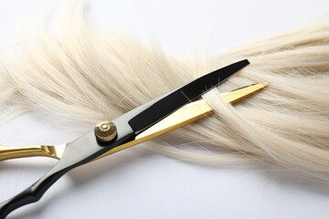 Hair lock and scissors on white background, closeup