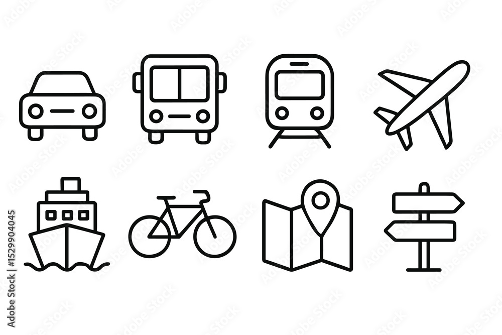 Poster set of line icons representing various modes of transportation