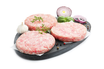 Fresh raw patties for burger and spices isolated on white