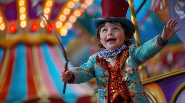 A whimsical scene of a toddler dressed as a circus ringmaster, complete with a top hat and whip, standing in front of a vibrant carnival backdrop. The colors are bright and saturated