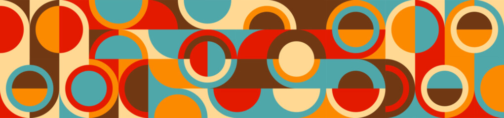 Seamless colorful geometric background in retro style of 60s and 70s, circles and squares in blue and orange. Abstract texture in trendy design.