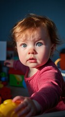 Curious Baby Girl Playing with Toy Blocks in a Colorful Room Setting