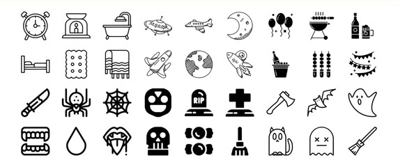 A diverse collection of icons depicting various themes such as travel, holidays, and Halloween, suitable for various design purposes.