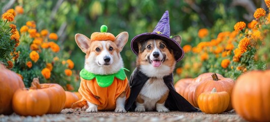 Obraz premium The adorable corgis celebrating Halloween in vibrant costumes among pumpkins.