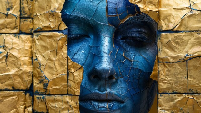 An artistic portrayal of a blue face emerges from a backdrop of cracked gold, symbolizing beauty, resilience, and the complexity of human emotions through vivid colors.