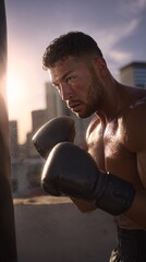 Determined Male Boxer Training Outdoors in a City, Displaying Focus and Strength
