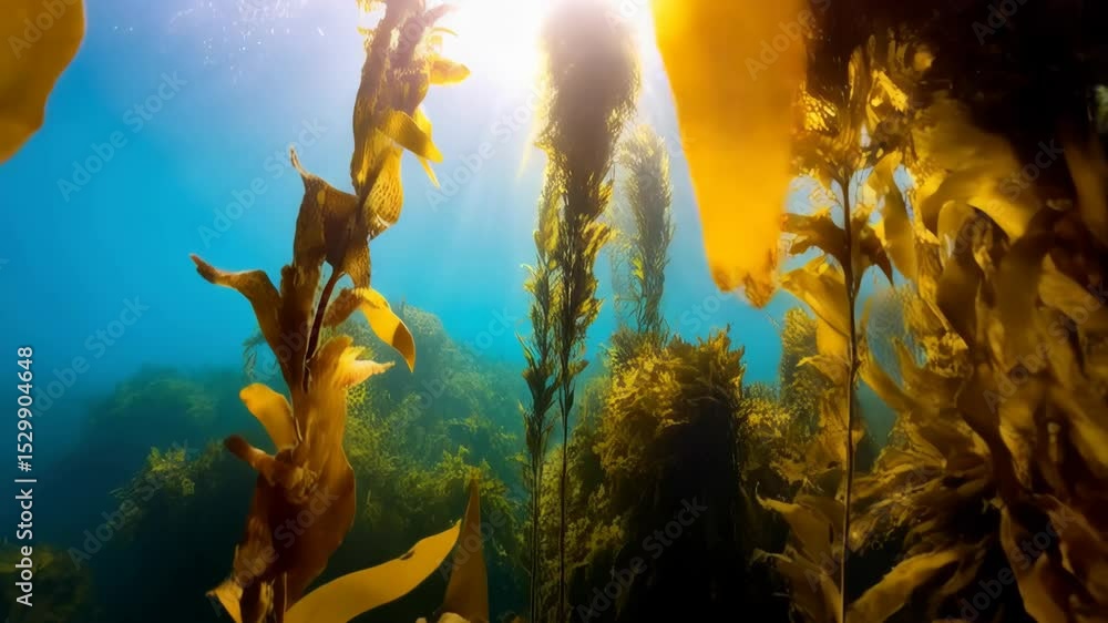 Aufkleber underwater view of kelp forest with sunlight filtering through, creating beams of light in blue wate