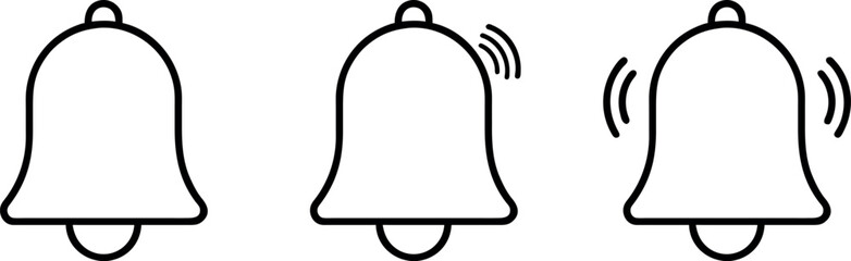 Notification bell icon set.  Alarm symbol, incoming inbox message, ringing bells, alarm clock, smartphone application alert, new message symbol.