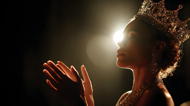 Silhouette of a beauty pageant contestant wearing a sparkling diamond crown, with tanned skin and flawless makeup, dressed in an evening gown on stage. The scene is set against a dark background