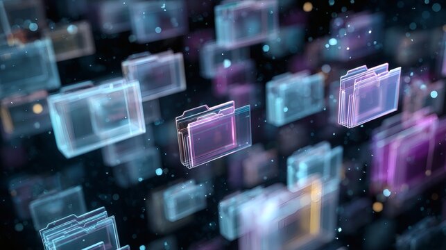 Abstract folders floating in a dark background create a visual metaphor for data management, storage and information organization.