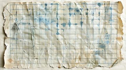 Grid paper overlay with faded blue lines and torn edge.