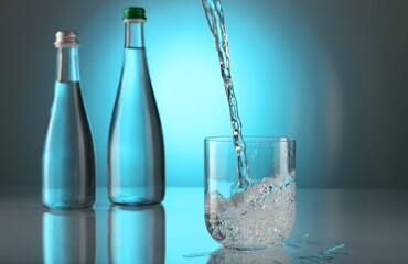 Pouring water into glass on mirror table against light blue gradient background. Backlit