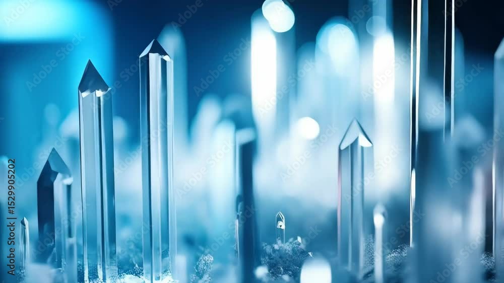 Poster array of clear crystal shards clustered together, with a shimmering, ethereal glow and soft bokeh ba