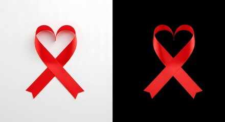 Red Ribbon Heart Shape Symbol on White and Black Backgrounds AIDS Awareness and Solidarity Hope Love and Support