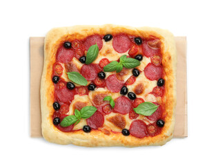 Tasty square homemade pizza isolated on white, top view