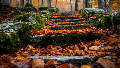 Ancient forest stairs covered with autumn leaves. Stone steps lead up to light. Scenic fall season view with colorful foliage. Natural path, fall landscape background