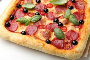 Tasty homemade pizza on white table, closeup