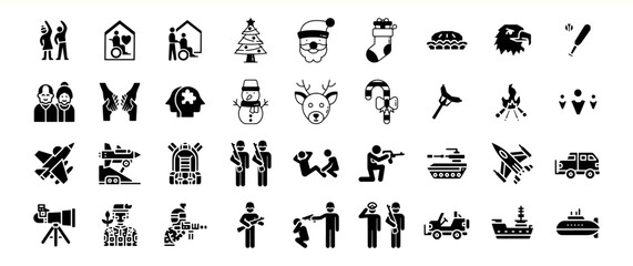 Naklejka premium A diverse collection of glyph icons depicting various aspects of life, including elderly care, Christmas, military, and more.