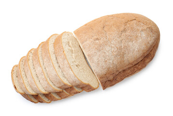 Cut loaf of bread isolated on white, top view