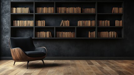 Dark library room with bookshelves and armchair
