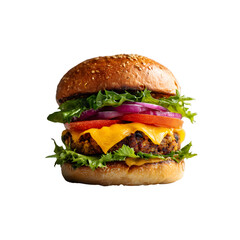 Delicious veggie burger with cheese lettuce tomato and onion on a sesame seed bun