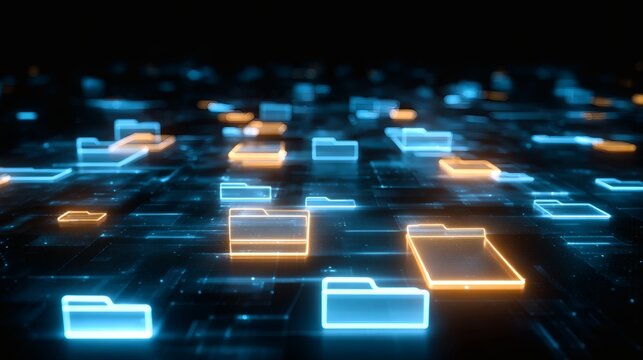 Abstract glowing folder icons on a dark surface suggesting data storage, digital organization, or network file systems.