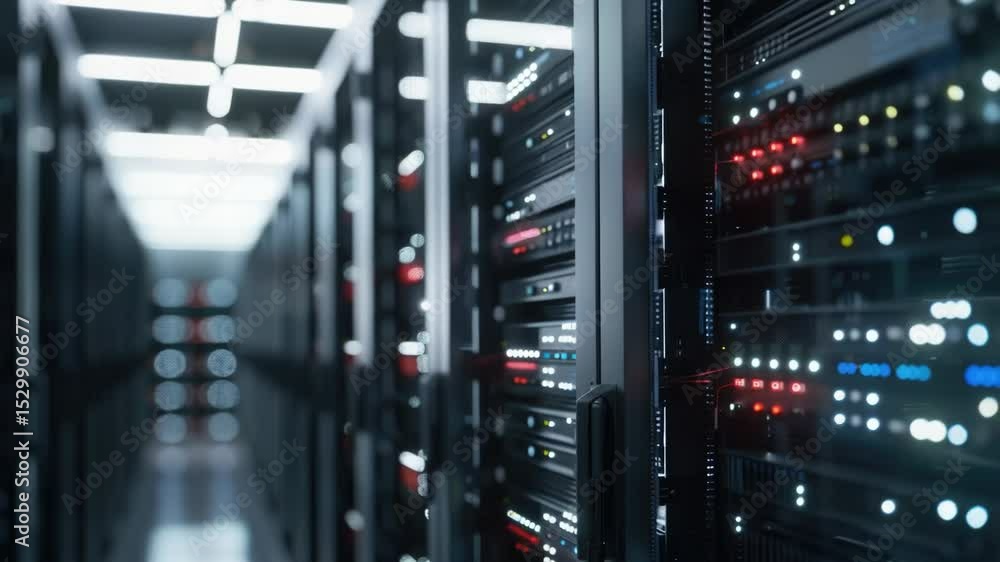 Fototapete A row of servers in a data center or server room, suitable for use as a background image for tech-related concepts