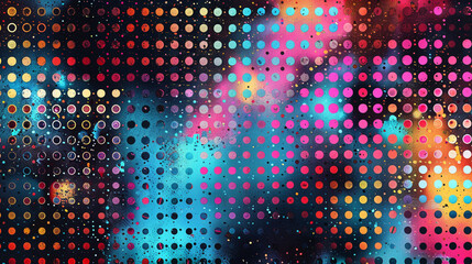 Halftone screen printing pattern with bright neon ink dots.