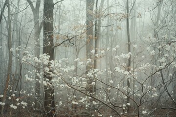A wide-angle photograph of frost flowers adorning the branches of trees in a winter forest. The scene is bathed in the soft light of a winter morning, with the frost flowers sparkling like tiny jewels