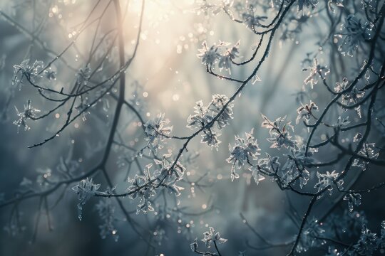 A wide-angle photograph of frost flowers adorning the branches of trees in a winter forest. The scene is bathed in the soft light of a winter morning, with the frost flowers sparkling like tiny jewels