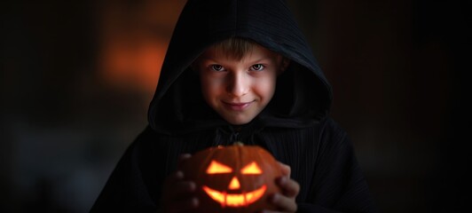 The enchanting child holding a glowing Halloween pumpkin with a mischievous smile.